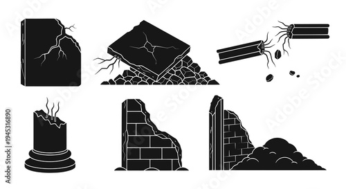 Black and White Glyph Icons of Ruined Structures and Debris
