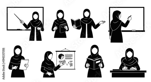 Muslim female teacher icons: education, learning, presentation, work, study