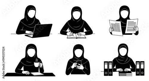 Black  White Line Art Muslim Women Working at Desks