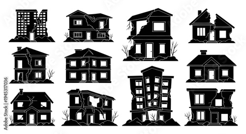 Set of Silhouettes of Damaged Houses, Black and White Illustration