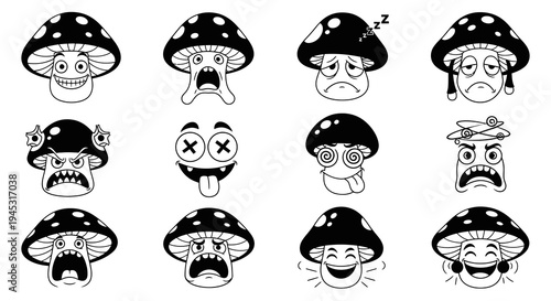 Funny Cartoon Mushroom Faces, Black and White Line Art Emojis