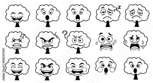 Black and White Tree Emoticons Set, Emotion Icons, Vector Graphics