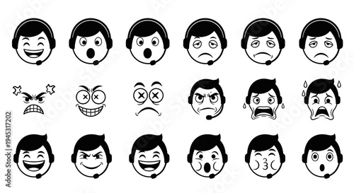 Set of Customer Service Agent Emoticons, Black and White Line Art