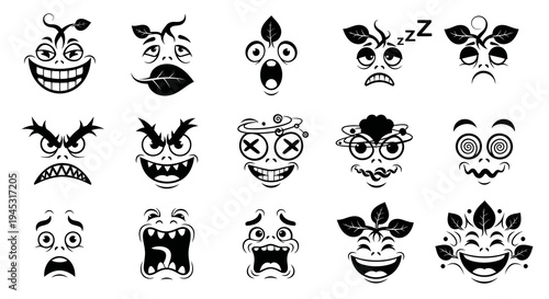 Black and White Cartoon Monster Faces Icons, Expressive Emotions