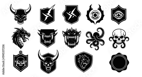 Black and White Monster Skull Dragon Octopus Shield Icons Set