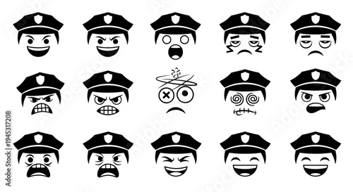 Black and white police officer emojis expressing various emotions