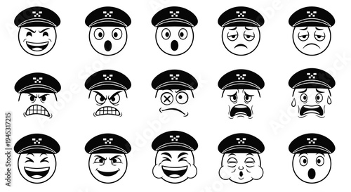 Black and White Line Art Taxi Driver Emoticons Set