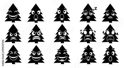 Black  White Christmas Tree Emoticon Set, Vector Icons