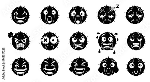 Black and White Spiky Ball Face Emoticons Icon Set