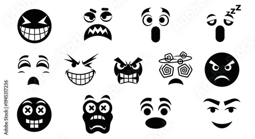 Black and White Emoji Faces Vector Icons: Emotions and Expressions