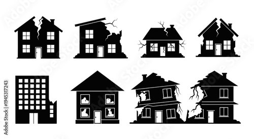 Damaged houses icons, earthquake destruction, black and white glyphs