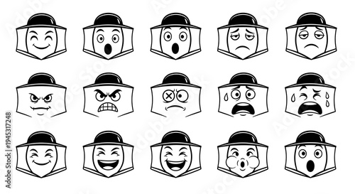 Black and White Line Art Cube Emoticons with Different Expressions