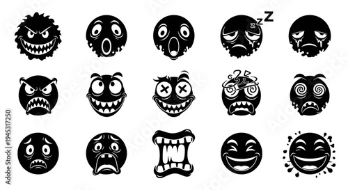 Black and White Cartoon Monsters and Emojis for Design