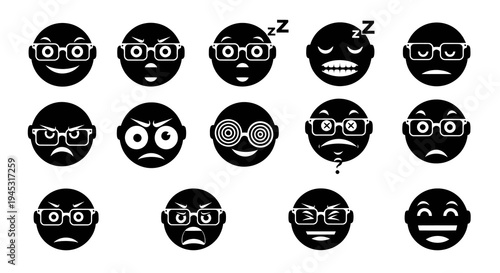 Black and white emoji icons with glasses expressing various emotions, vector art