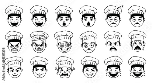 Black and White Chef Face Emoticons with Various Emotions, Line Art