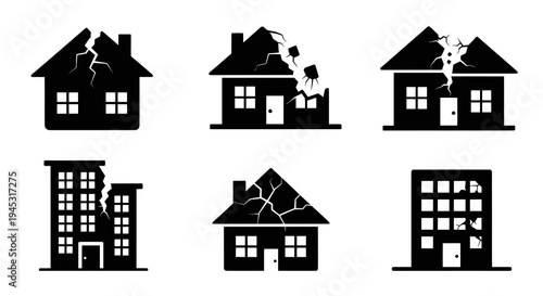 Black icons of damaged houses and buildings, insurance, disaster