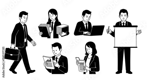 Business People Set, Black  White Line Art, Finance Professionals