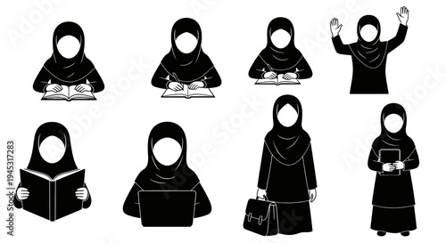 Muslim Woman Icon Set: Education, Reading, Studying, Work, Technology, Greeting