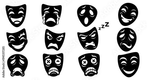Black and White Comedy Tragedy Masks Icons Set Vector Art