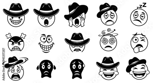 Black and White Cowboy Hat Emoji Set - Line Art Vector Icons