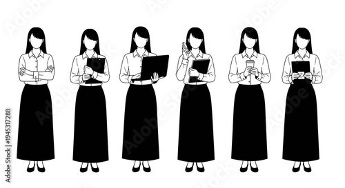 Business Women with Laptop, Coffee, Phone, Folders - Line Art
