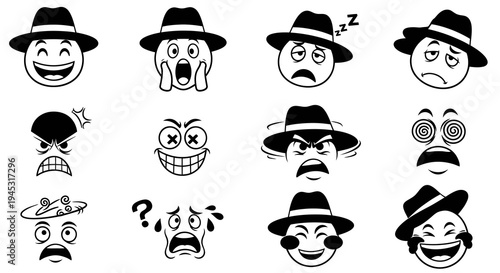 Black and White Hat Emojis Expressing Various Emotions, Line Art Icon Set
