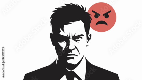 A man in a suit with an angry expression and a red angry face beside him