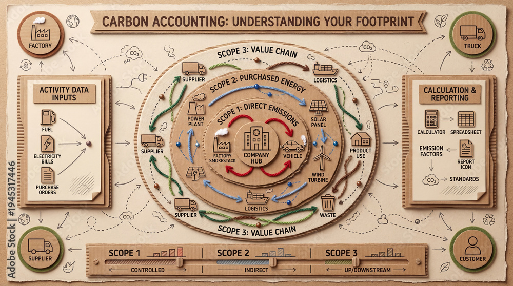 Obraz premium Carbon Accounting Educational Infographic Poster for Scope 1 Scope 2 and Scope 3 Emissions Mapping.