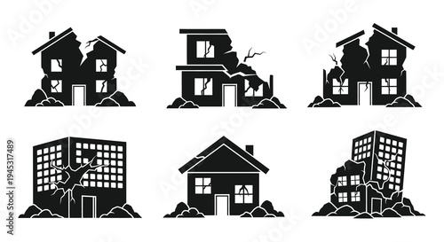 Black and White Glyph Icons of Damaged Buildings After Disaster