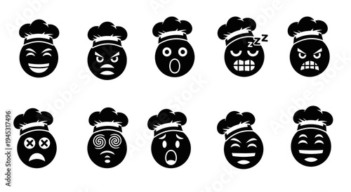 Chef Emoticons Icons Set Black  White Cook Faces Food Service Icons