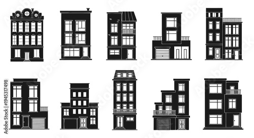 Black and White Flat Vector Icons of City Buildings and Houses