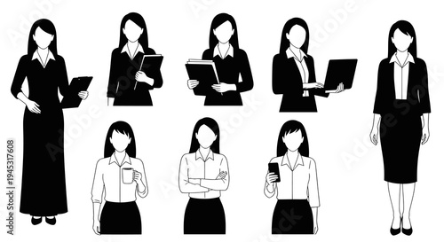 Black and White Businesswomen Icons: Professional Women in Office Attire, Vector Art