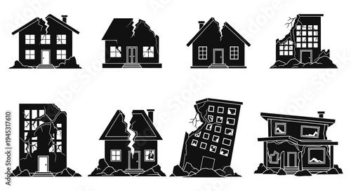 Black and white icons of damaged houses, buildings after earthquake, disaster