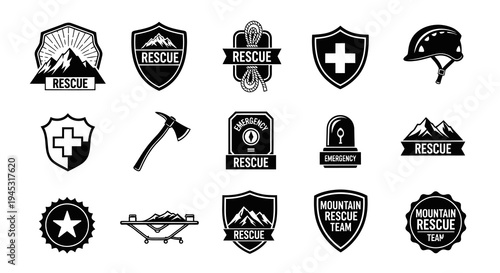 Mountain Rescue Icons: Black and White Glyph Vector Set