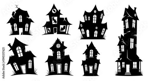Spooky Haunted Houses Silhouette Vector Set, Halloween Illustration
