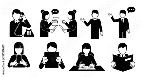 Business People Icons: Communication, Technology, Work - Black  White Glyphs