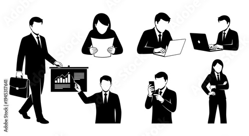 Business People Silhouettes in Black and White for Corporate Finance Concept