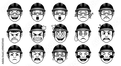 Construction Worker Emoticons Faces Black and White Line Art