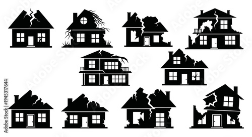 Black and White Glyph Icons of Damaged Houses, Disaster Insurance Concept