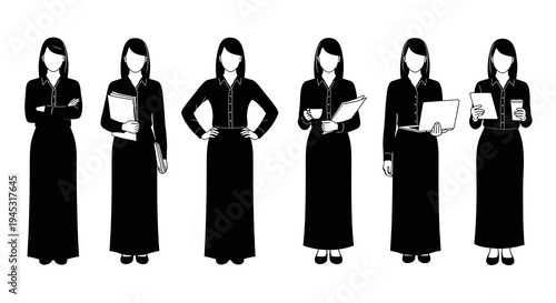 Business Woman Poses Black and White Vector Icons
