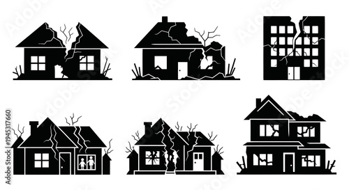Black Icons Set of Damaged Houses and Building after Disaster, Glyph Style