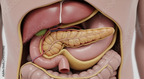 Detailed 3D render of the human digestive system's upper abdominal organs, showcasing the pancreas,
