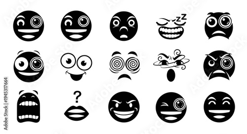 Black  White Emoticon Icons: Funny, Sad, Winking, Sleeping, Angry Faces