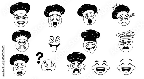 Chef Emoticons with Various Expressions in Black and White Line Art