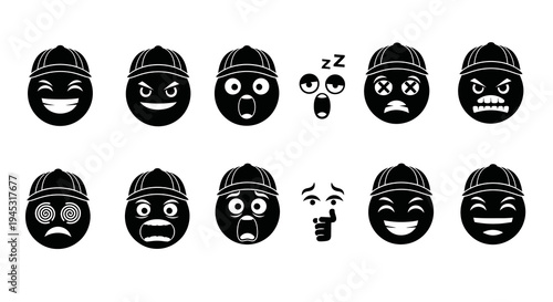 Black  White Glyph Icons of Emoji Faces with Hats on White Background