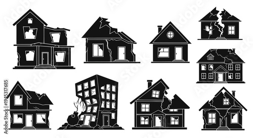 Damaged houses icons, black and white vector illustration, construction hazard