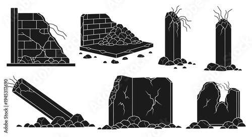 Black  White Glyph Icons of Ruined Buildings and Debris