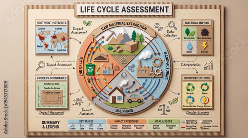 Life Cycle Assessment Educational Infographic Poster, Handmade Mixed Media Sustainability Wall Chart.