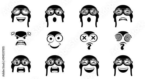 Black and White Pilot Emoticon Icons for Aviation or Retro Themes