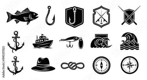 Fishing Icons Black White - Fish, Boat, Anchor, Lure, Compass, Sea